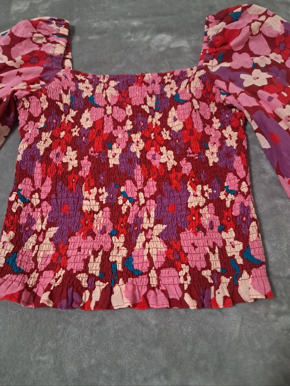 Free People Womens Pink Multi Floral Square Neck Smocked Bodice Blouse Sz. M - Picture 6 of 9
